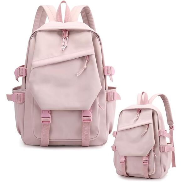 Aesthetic Pink Nylon Backpack with Buckle Straps & Side Pockets Teen, Adult, Kid - Picture 1 of 5